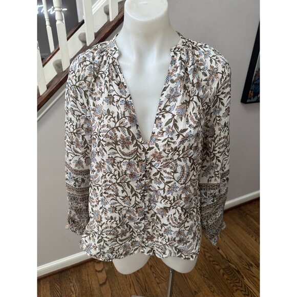 Veronica Beard Ailani Printed Long-Sleeve Linen Top Blouse Dove Size 0 - Picture 1 of 2